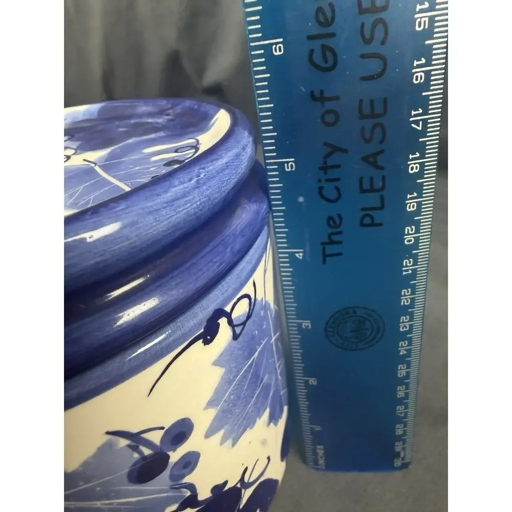 Vintage Hand Painted Ceramic Blue & White Grapes Leaves Canister Jar Designpac